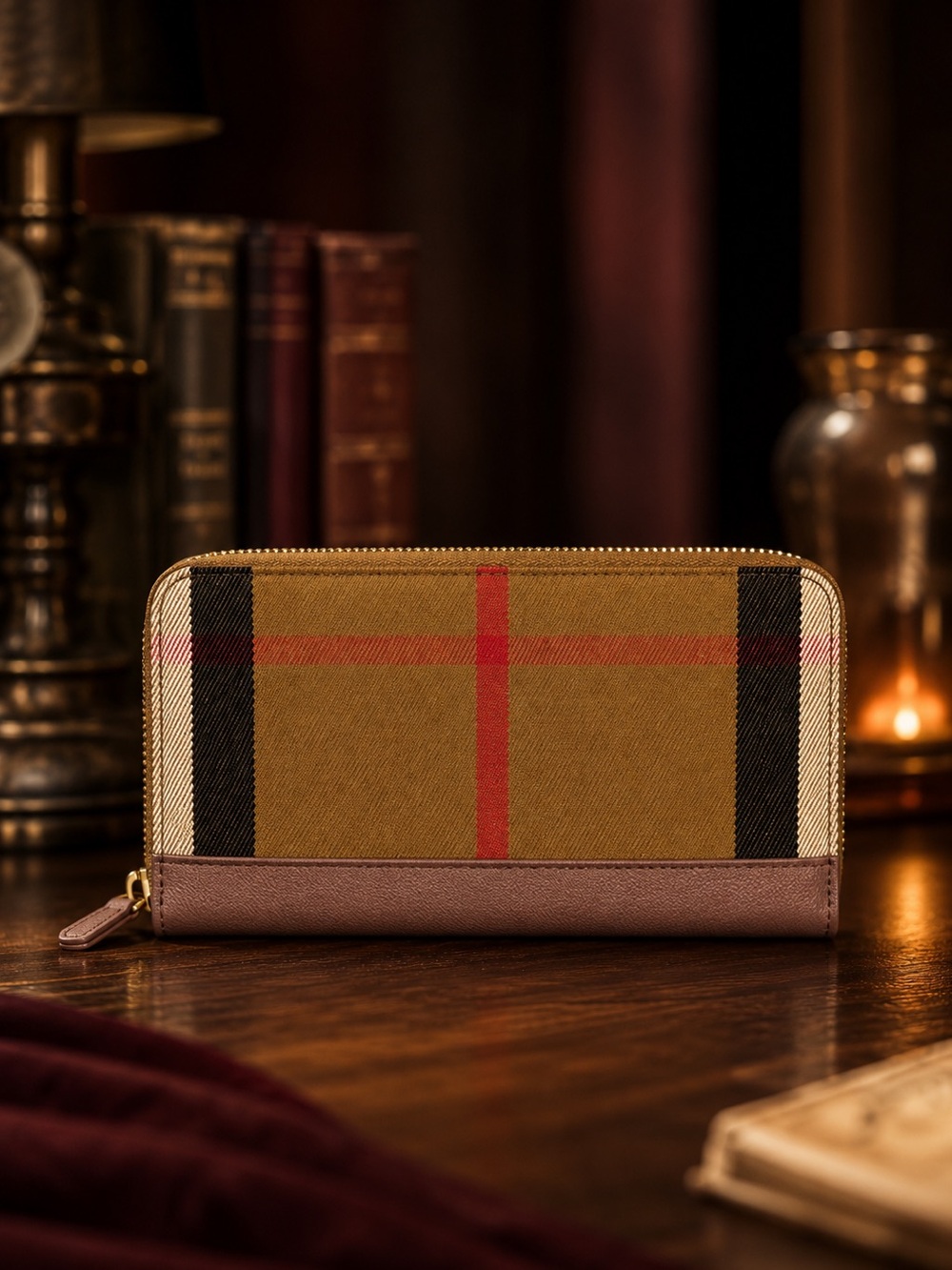 Burberry Beige Nova Check and Blush Leather Zip Around Wallet | Full Set
